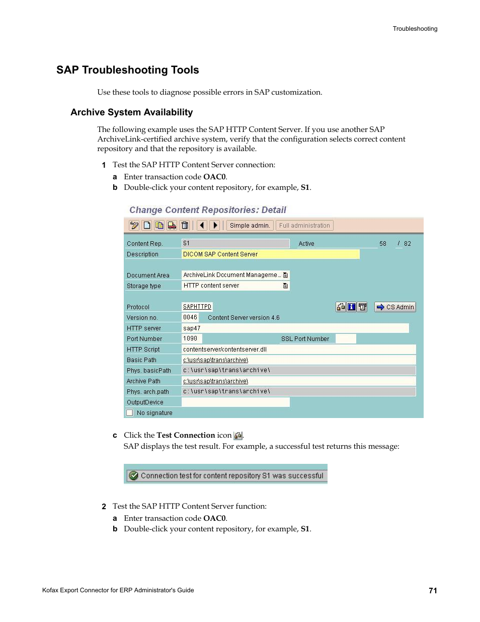 Sap troubleshooting tools, Archive system availability | Kofax Export Connector for ERP 2.4.9 User Manual | Page 71 / 84