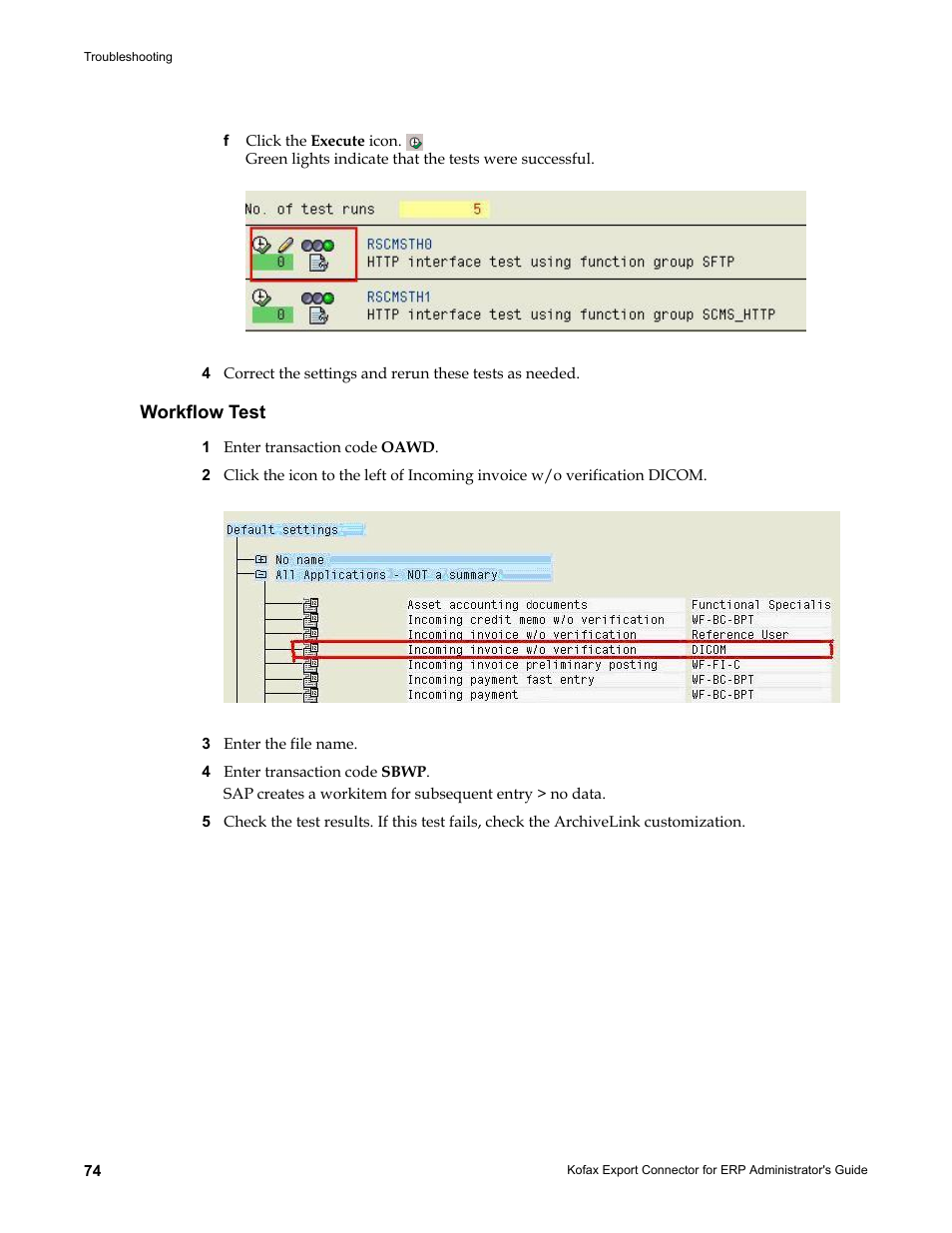 Workflow test | Kofax Export Connector for ERP 2.4.9 User Manual | Page 74 / 84