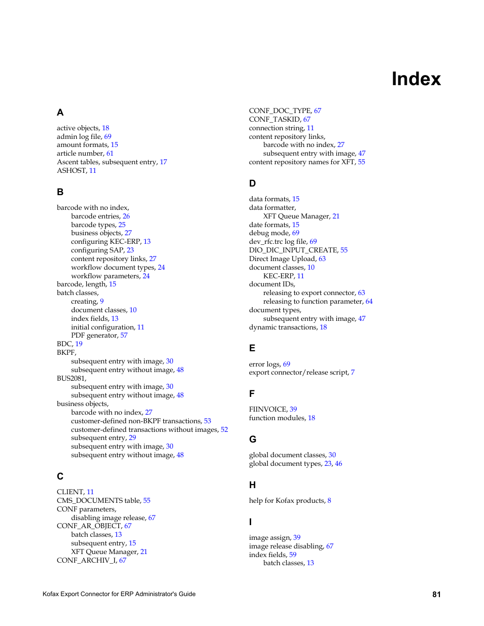 Index | Kofax Export Connector for ERP 2.4.9 User Manual | Page 81 / 84