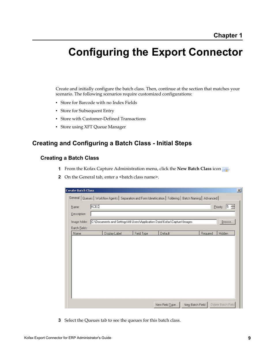 Configuring the export connector, Creating a batch class, Chapter 1 | Kofax Export Connector for ERP 2.4.9 User Manual | Page 9 / 84