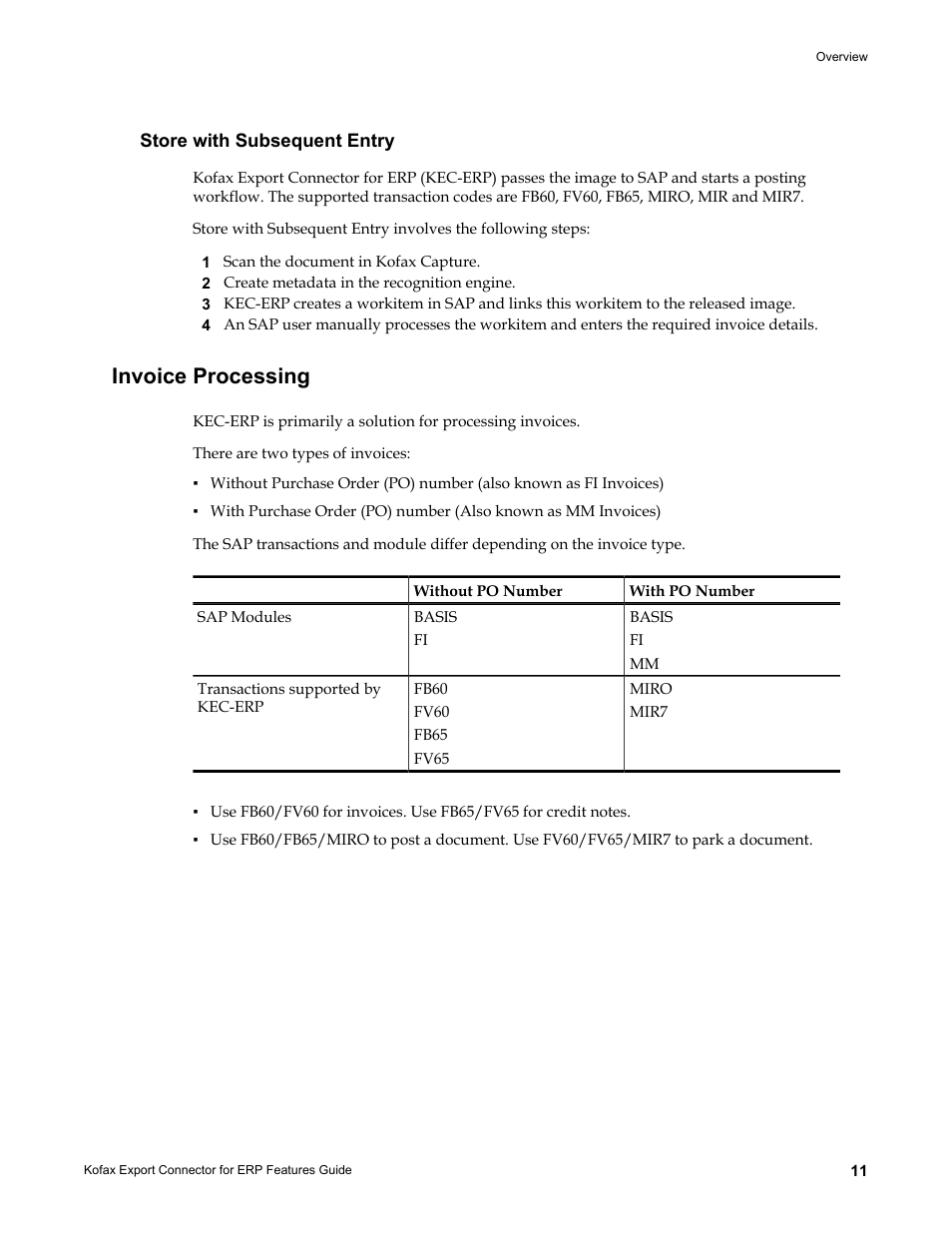 Store with subsequent entry, Invoice processing | Kofax Export Connector for ERP 2.4.9 User Manual | Page 11 / 26