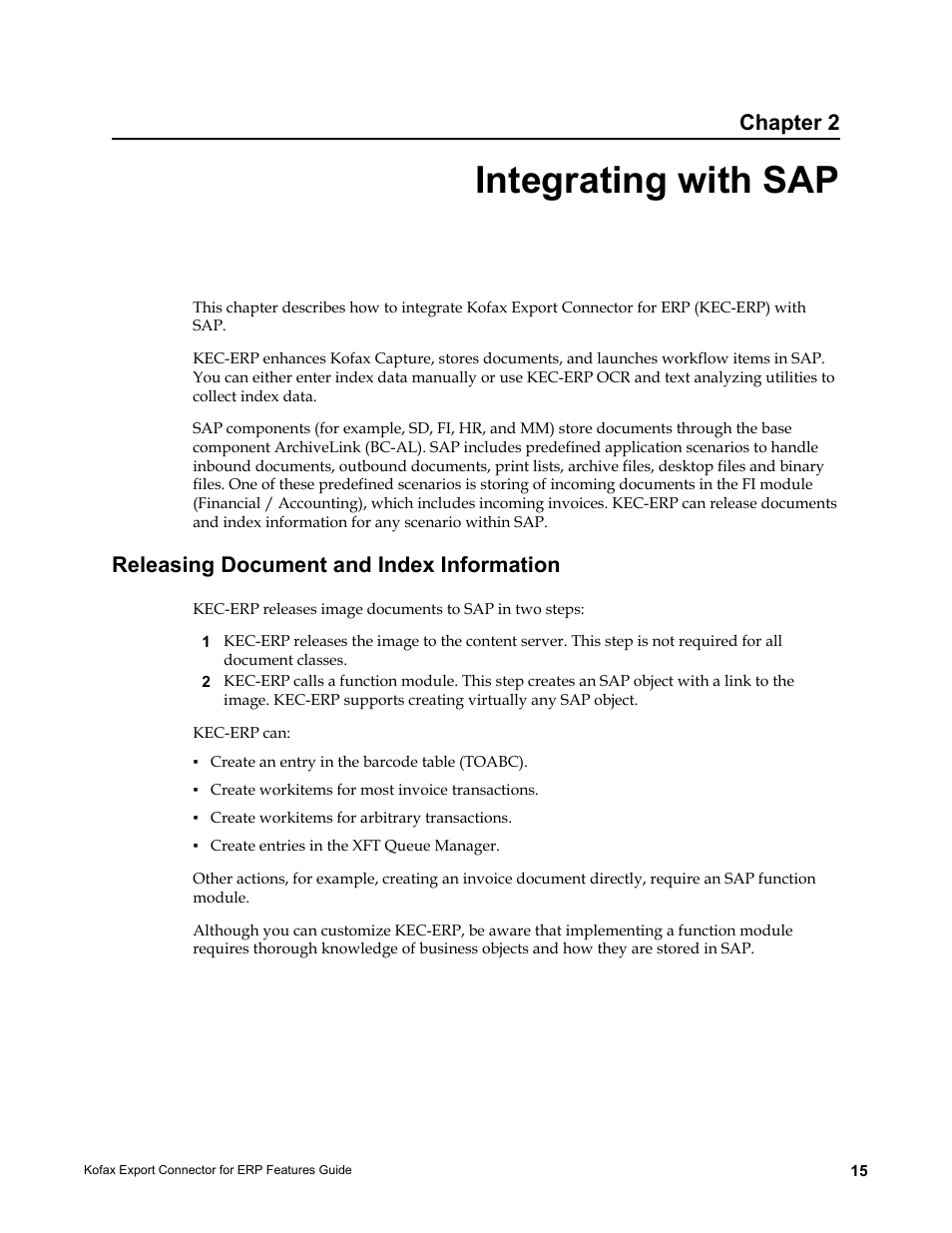 Integrating with sap, Releasing document and index information, Chapter 2 | Kofax Export Connector for ERP 2.4.9 User Manual | Page 15 / 26