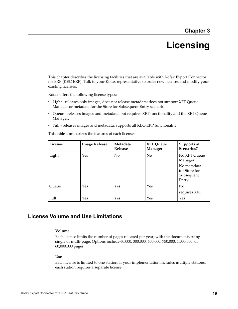 Licensing, License volume and use limitations, Chapter 3 | Kofax Export Connector for ERP 2.4.9 User Manual | Page 19 / 26