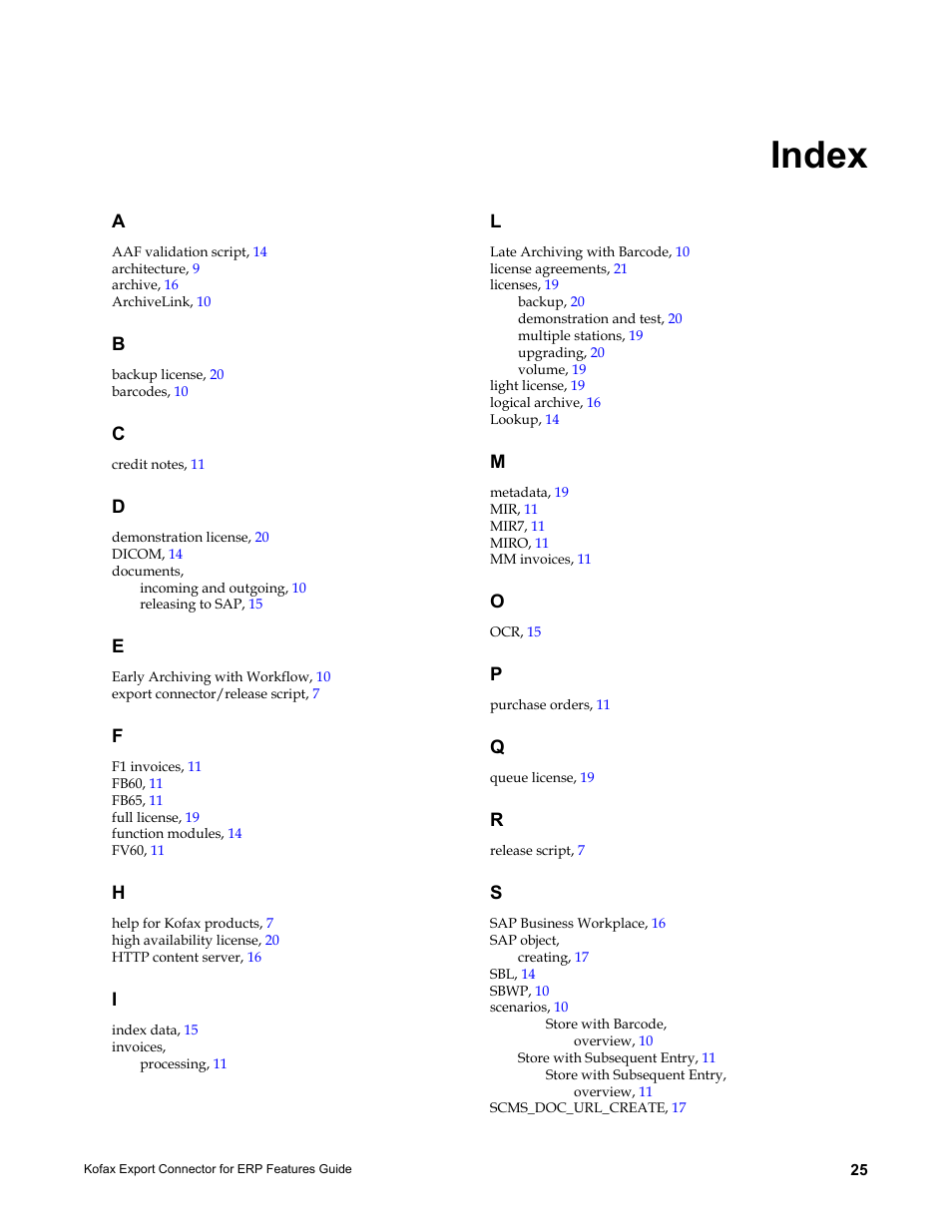 Index | Kofax Export Connector for ERP 2.4.9 User Manual | Page 25 / 26