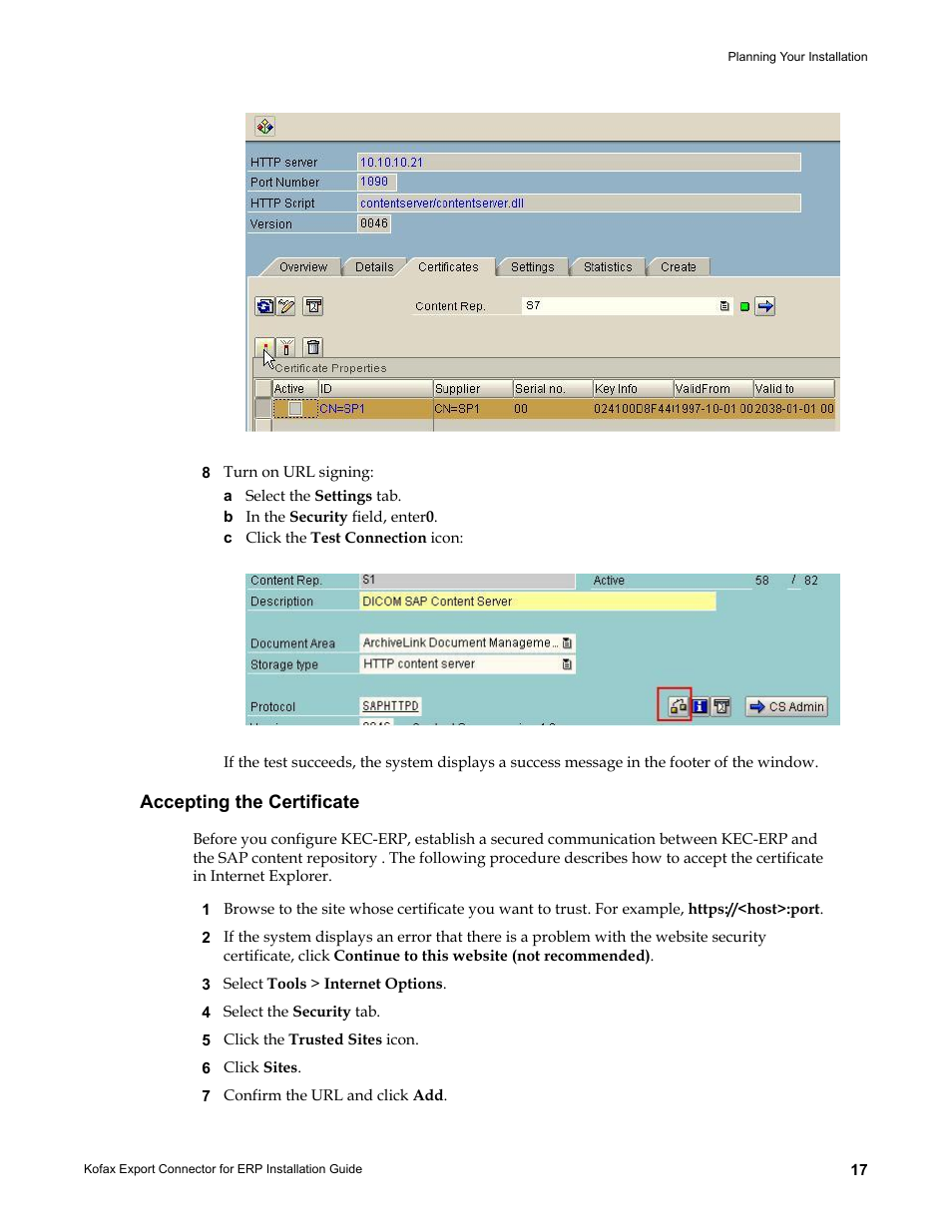 Accepting the certificate | Kofax Export Connector for ERP 2.4.9 User Manual | Page 17 / 34