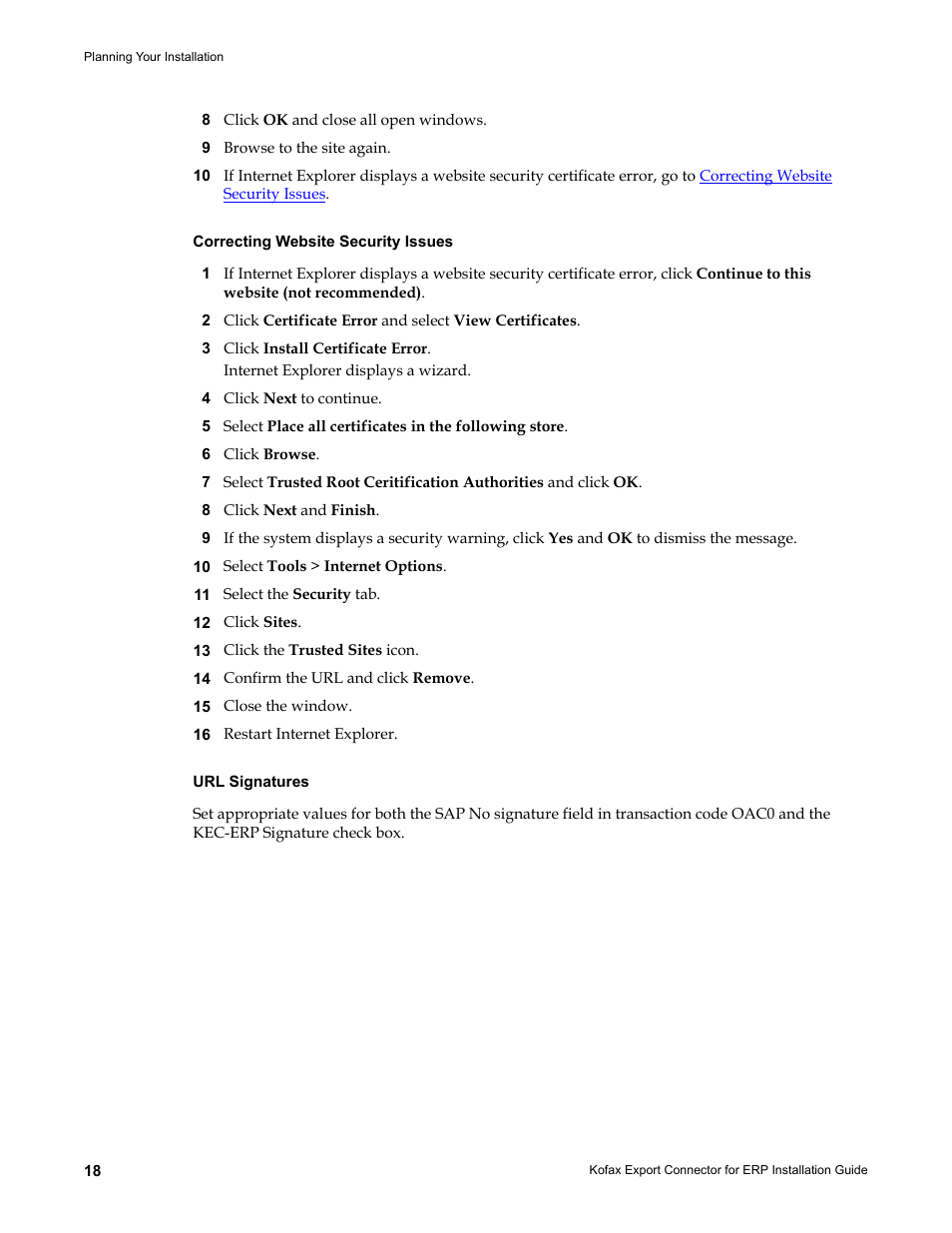 Correcting website security issues, Url signatures | Kofax Export Connector for ERP 2.4.9 User Manual | Page 18 / 34