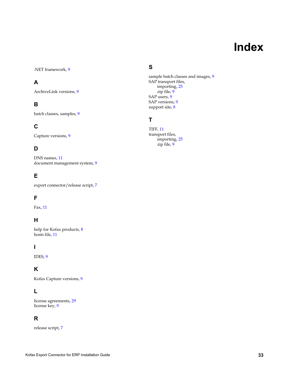 Index | Kofax Export Connector for ERP 2.4.9 User Manual | Page 33 / 34