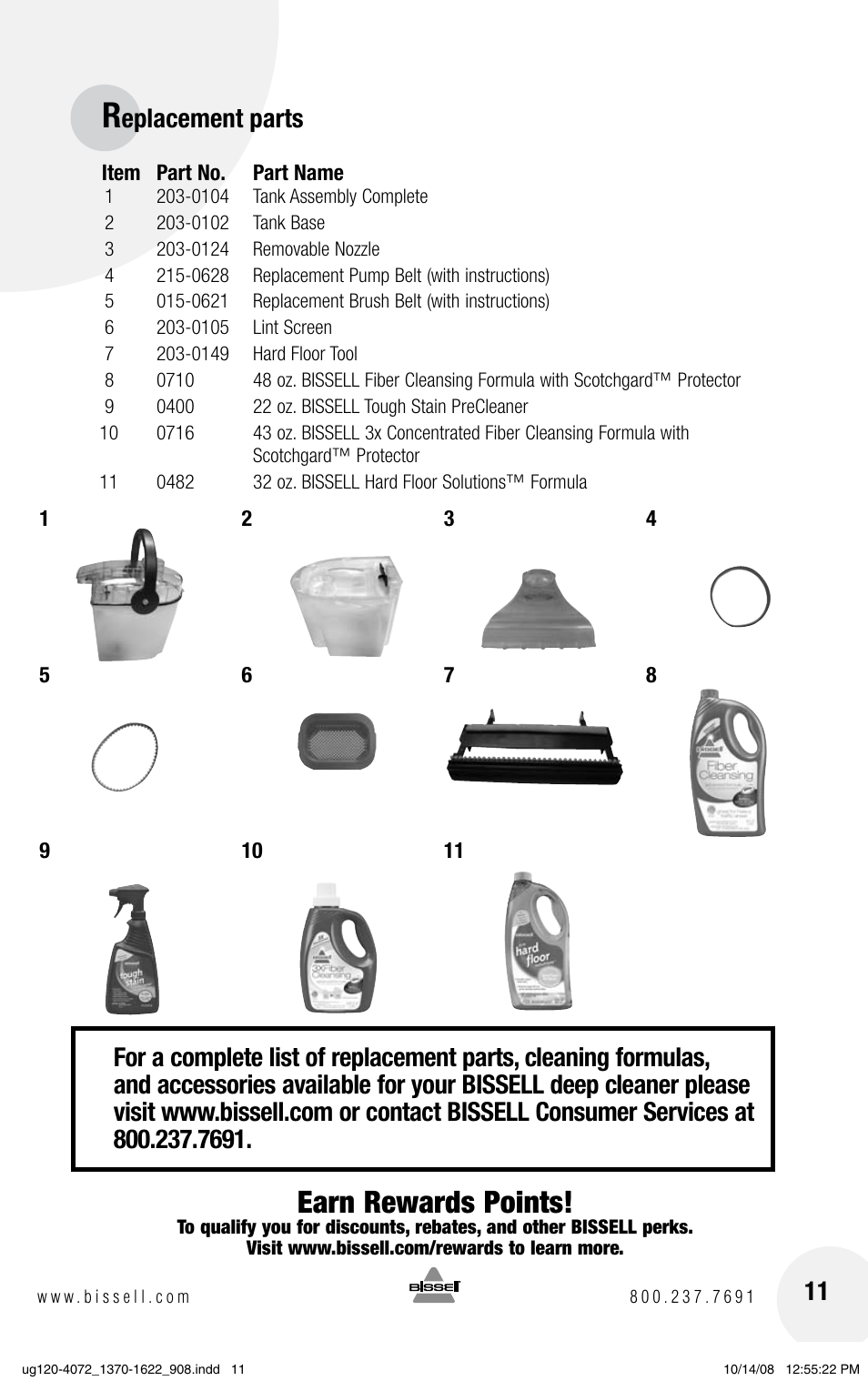 Earn rewards points, Eplacement parts | Bissell POWERSTEAMER 1622 User Manual | Page 11 / 12