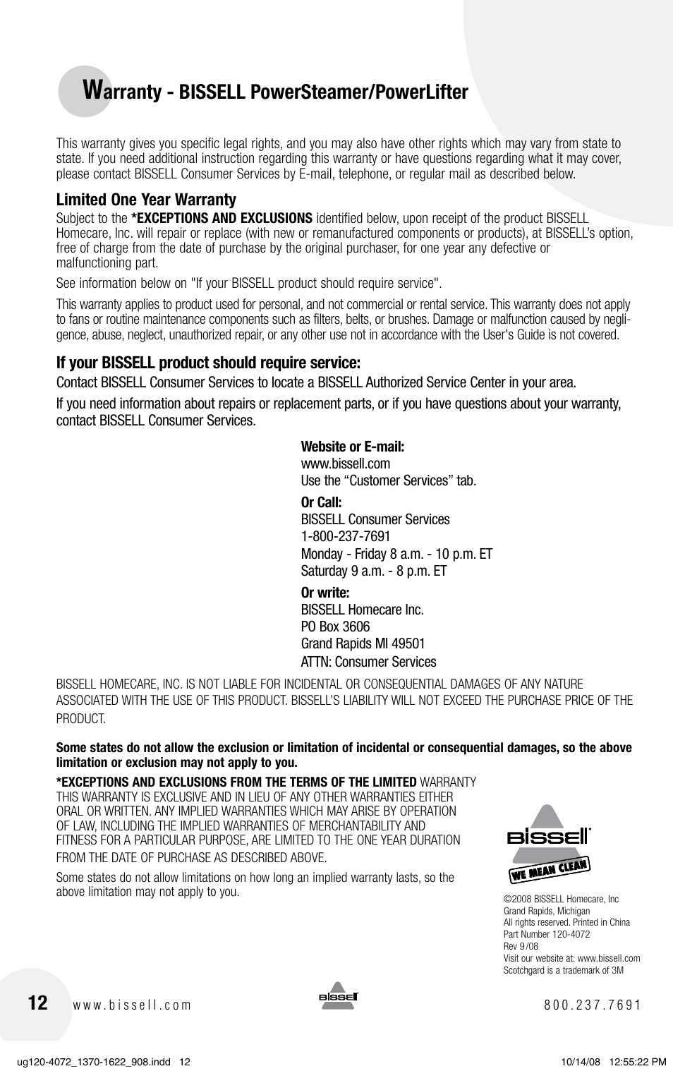 Arranty - bissell powersteamer/powerlifter | Bissell POWERSTEAMER 1622 User Manual | Page 12 / 12