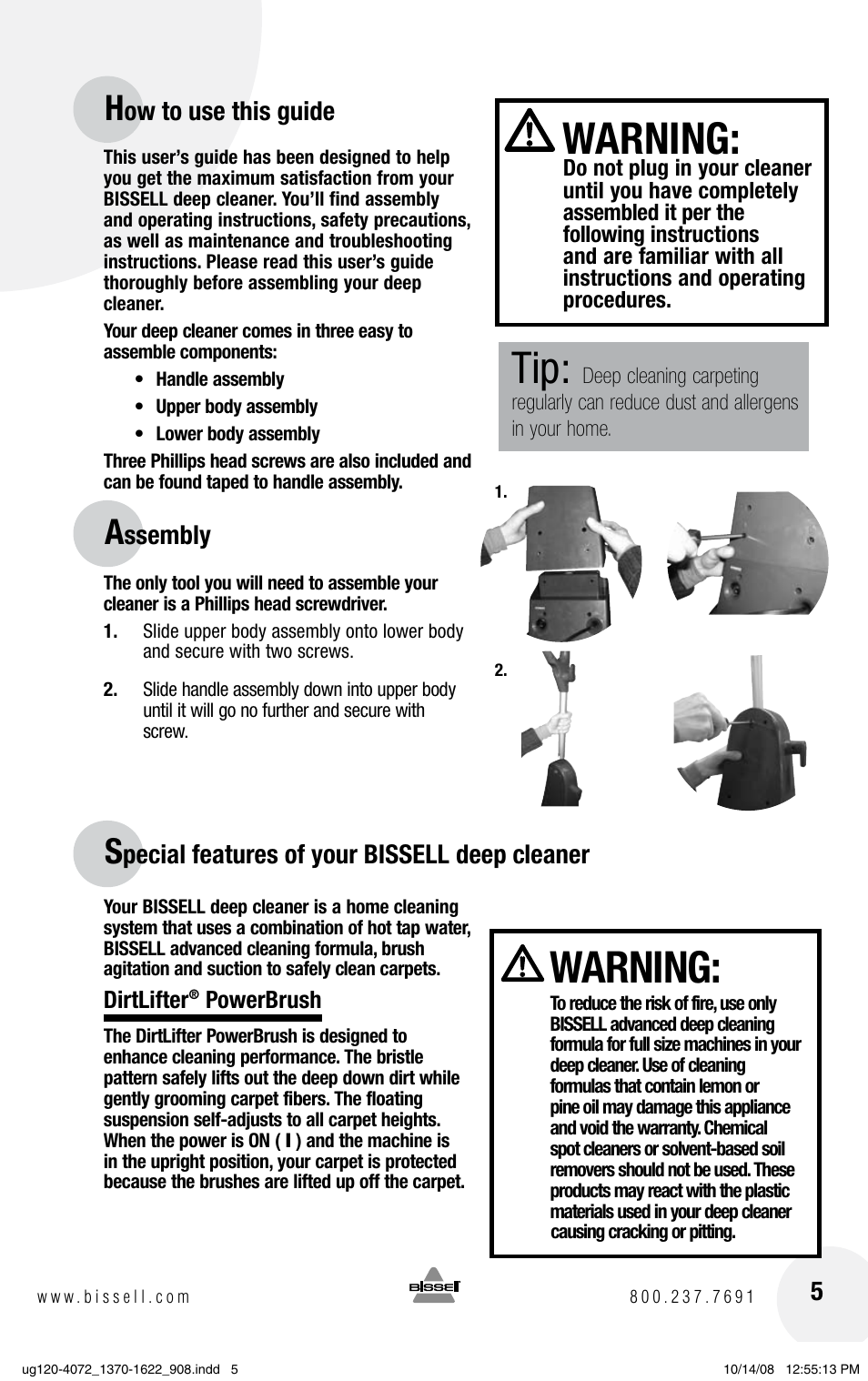 Warning, Ow to use this guide, Ssembly | Pecial features of your bissell deep cleaner | Bissell POWERSTEAMER 1622 User Manual | Page 5 / 12
