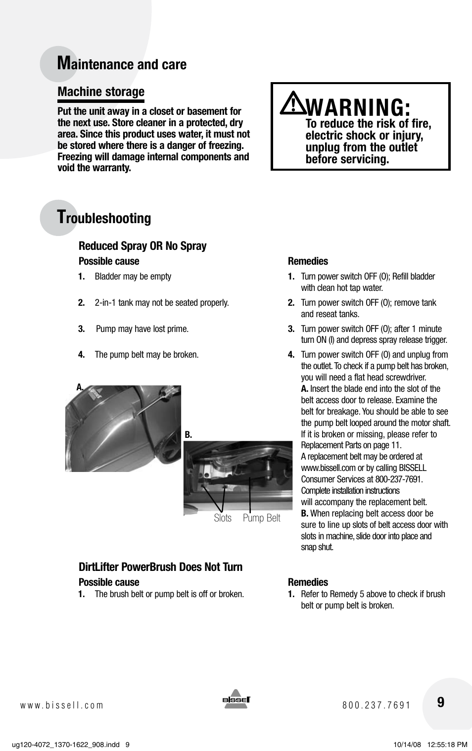 Warning, Aintenance and care, Roubleshooting | Machine storage | Bissell POWERSTEAMER 1622 User Manual | Page 9 / 12