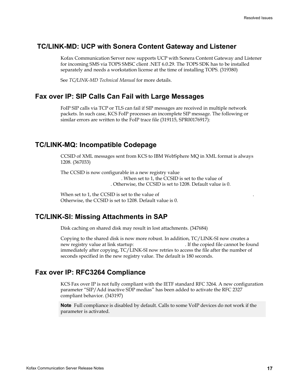 Tc/link-si: missing attachments in sap, Fax over ip: rfc3264 compliance, Tc/link-mq: incompatible codepage | Kofax Communication Server 10.0.0 User Manual | Page 17 / 44