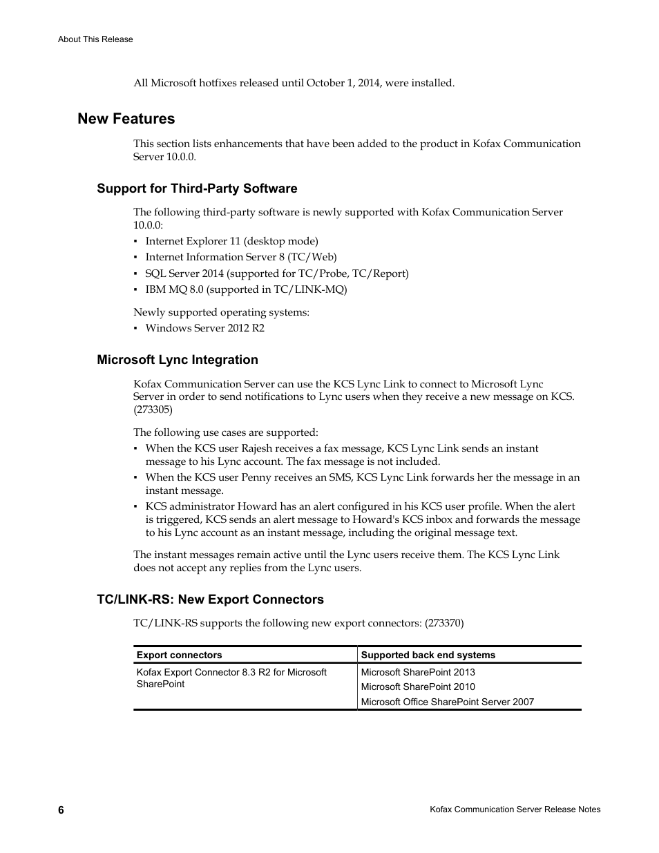 New features, Support for third-party software, Microsoft lync integration | Tc/link-rs: new export connectors | Kofax Communication Server 10.0.0 User Manual | Page 6 / 44