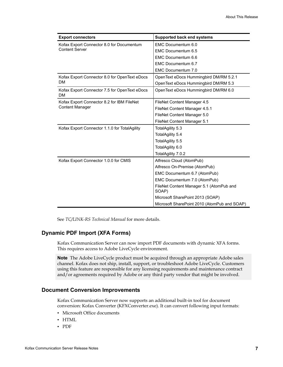 Dynamic pdf import (xfa forms), Document conversion improvements | Kofax Communication Server 10.0.0 User Manual | Page 7 / 44