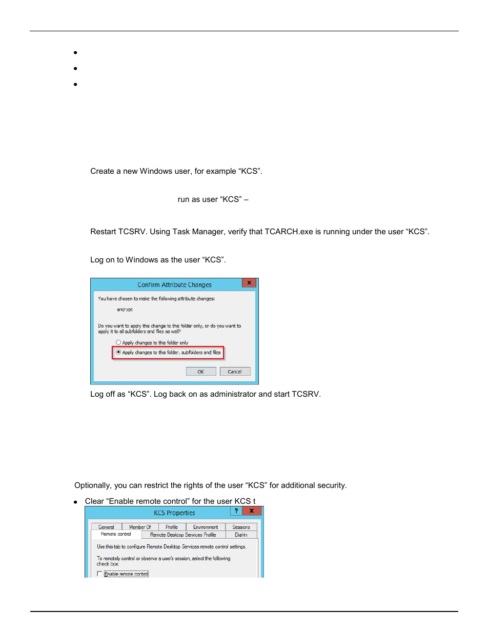 Encrypting tc/archive, Restricting user rights, 3 encrypting tc/archive | 4 restricting user rights | Kofax Communication Server 10.0.0 User Manual | Page 117 / 137