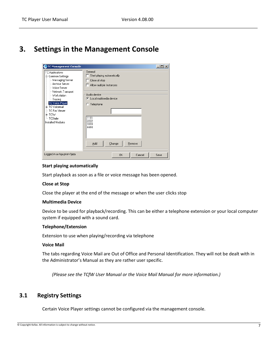 Registry settings, Settings in the management console, 1 registry settings | Kofax Communication Server 10.0.0 User Manual | Page 7 / 10