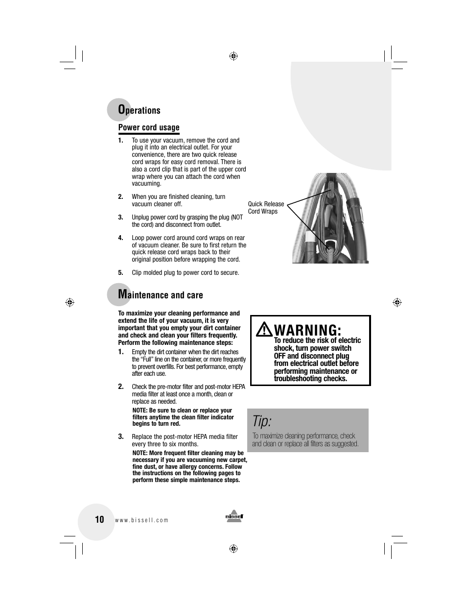 Warning | Bissell 3920 User Manual | Page 10 / 20