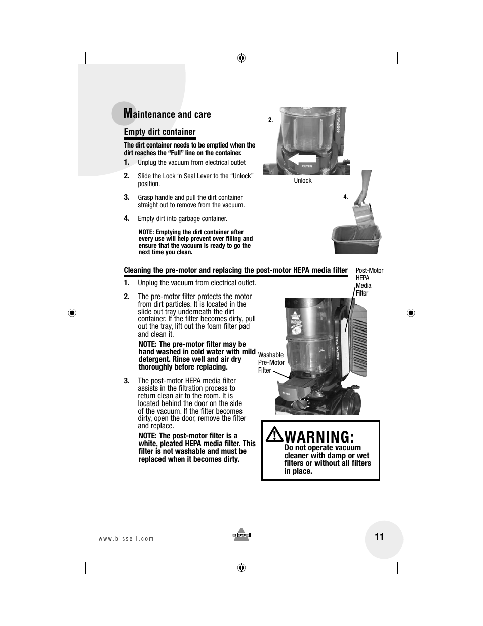 Warning | Bissell 3920 User Manual | Page 11 / 20