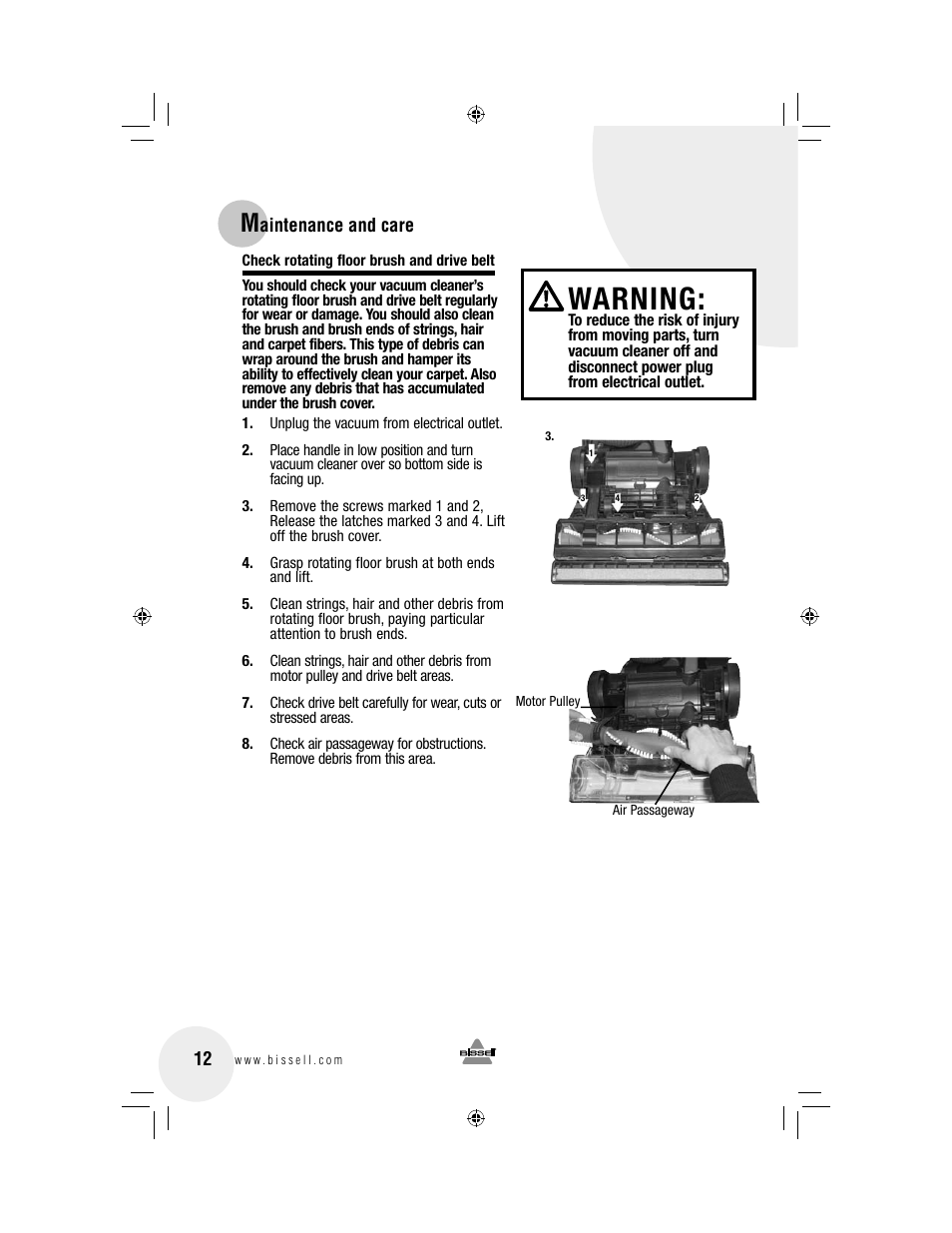 Warning, Aintenance and care 12 | Bissell 3920 User Manual | Page 12 / 20