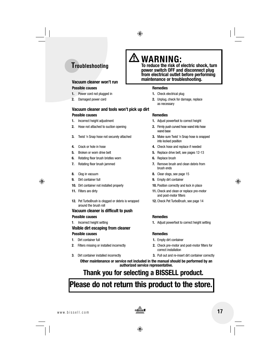 Warning, Please do not return this product to the store, Roubleshooting | Bissell 3920 User Manual | Page 17 / 20