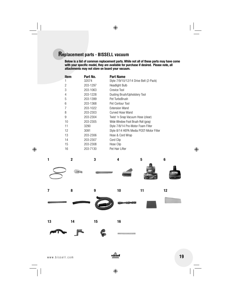 Eplacement parts - bissell vacuum | Bissell 3920 User Manual | Page 19 / 20