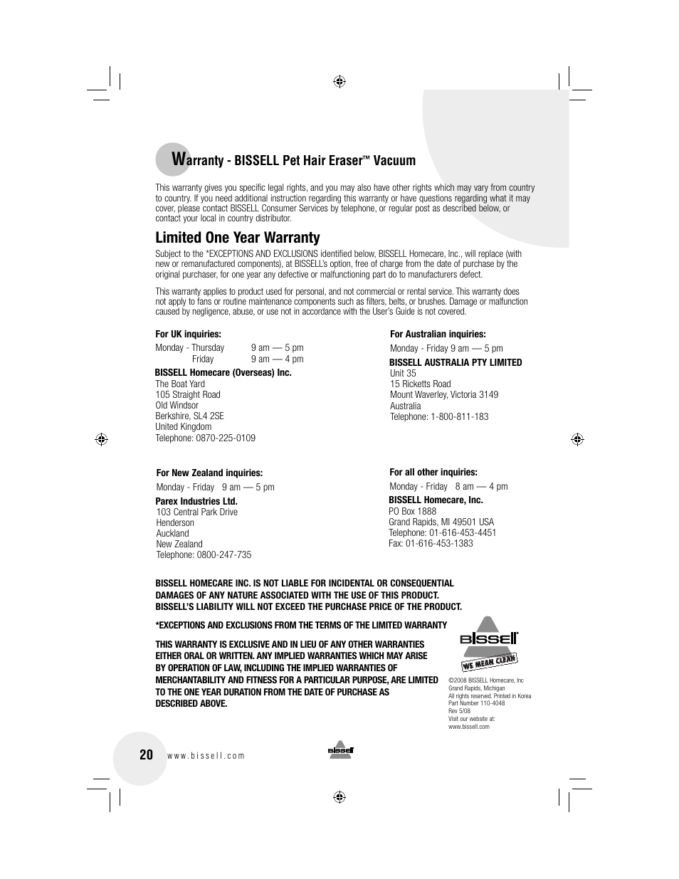 Limited one year warranty, Arranty - bissell pet hair eraser, Vacuum | Bissell 3920 User Manual | Page 20 / 20