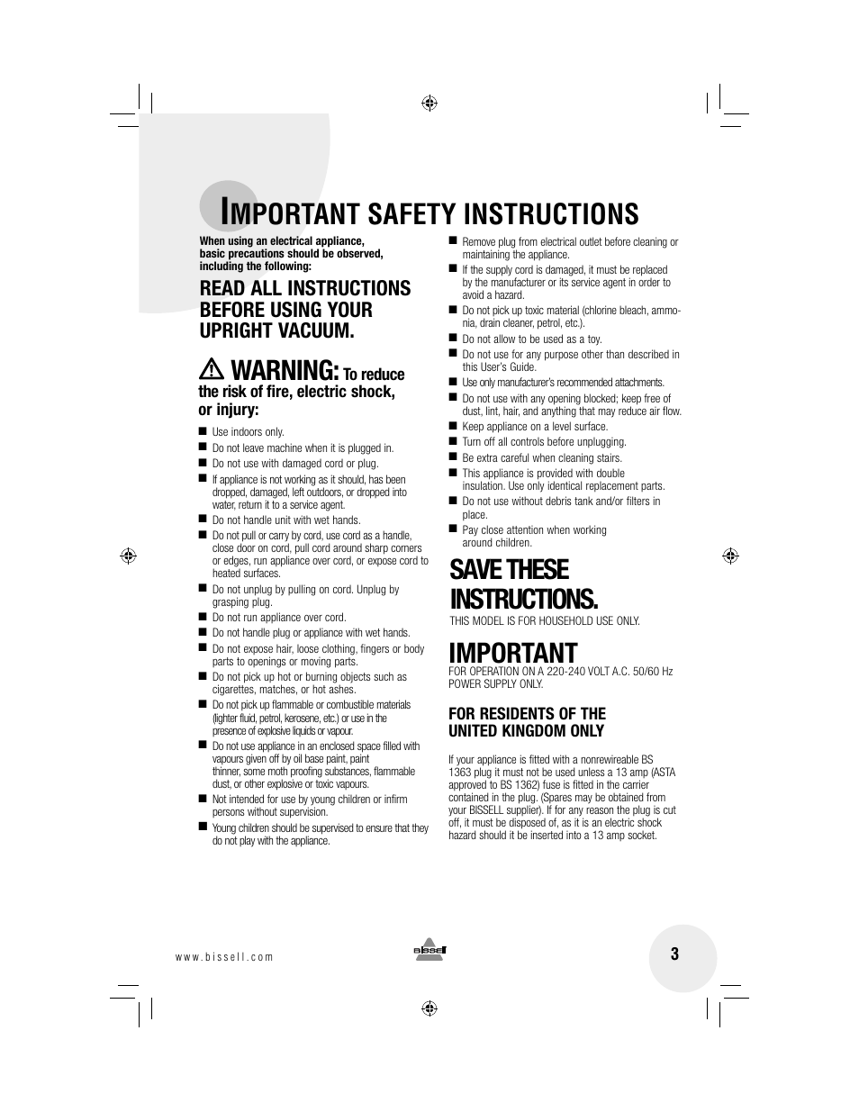 Mportant safety instructions, Warning, Save these instructions | Important, For residents of the united kingdom only | Bissell 3920 User Manual | Page 3 / 20