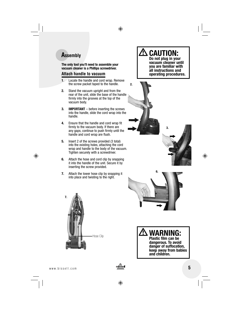 Caution, Warning | Bissell 3920 User Manual | Page 5 / 20