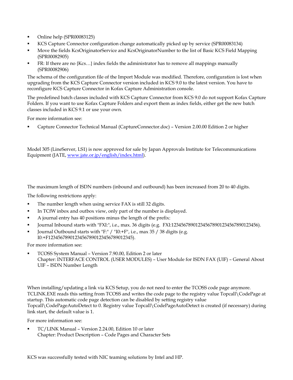 28 jate certification (spr00070150), 31 nic teaming, Jate certification (spr00070150) | Nic teaming | Kofax Communication Server 9.1 User Manual | Page 12 / 35