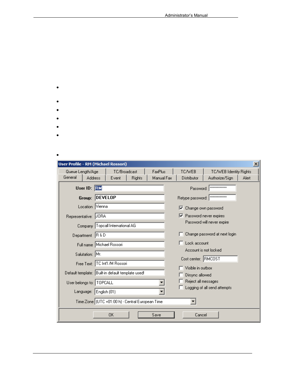 User profile, How to change the time zone of a user, 4 user profile | Kofax Communication Server 9.1 User Manual | Page 186 / 203