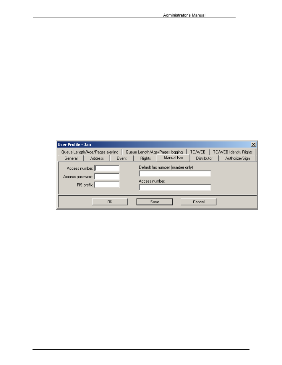 Manual fax, Access number, Access password | Fis prefix, Default fax number, 5 manual fax | Kofax Communication Server 9.1 User Manual | Page 34 / 203