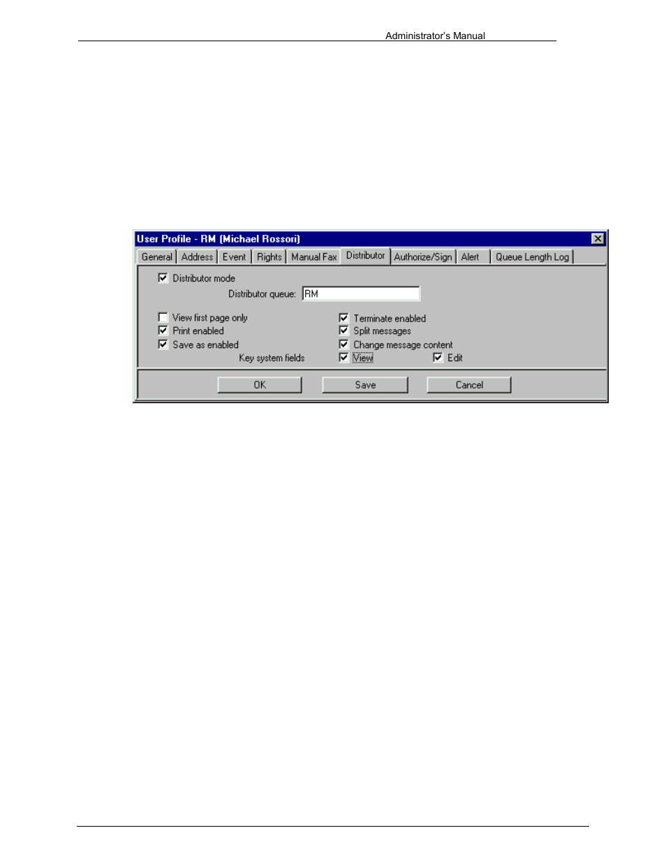 Access number, Distributor area, Distributor mode | Distributor queue, Print enabled, Save as enabled, Terminate enabled, 6 distributor area | Kofax Communication Server 9.1 User Manual | Page 35 / 203