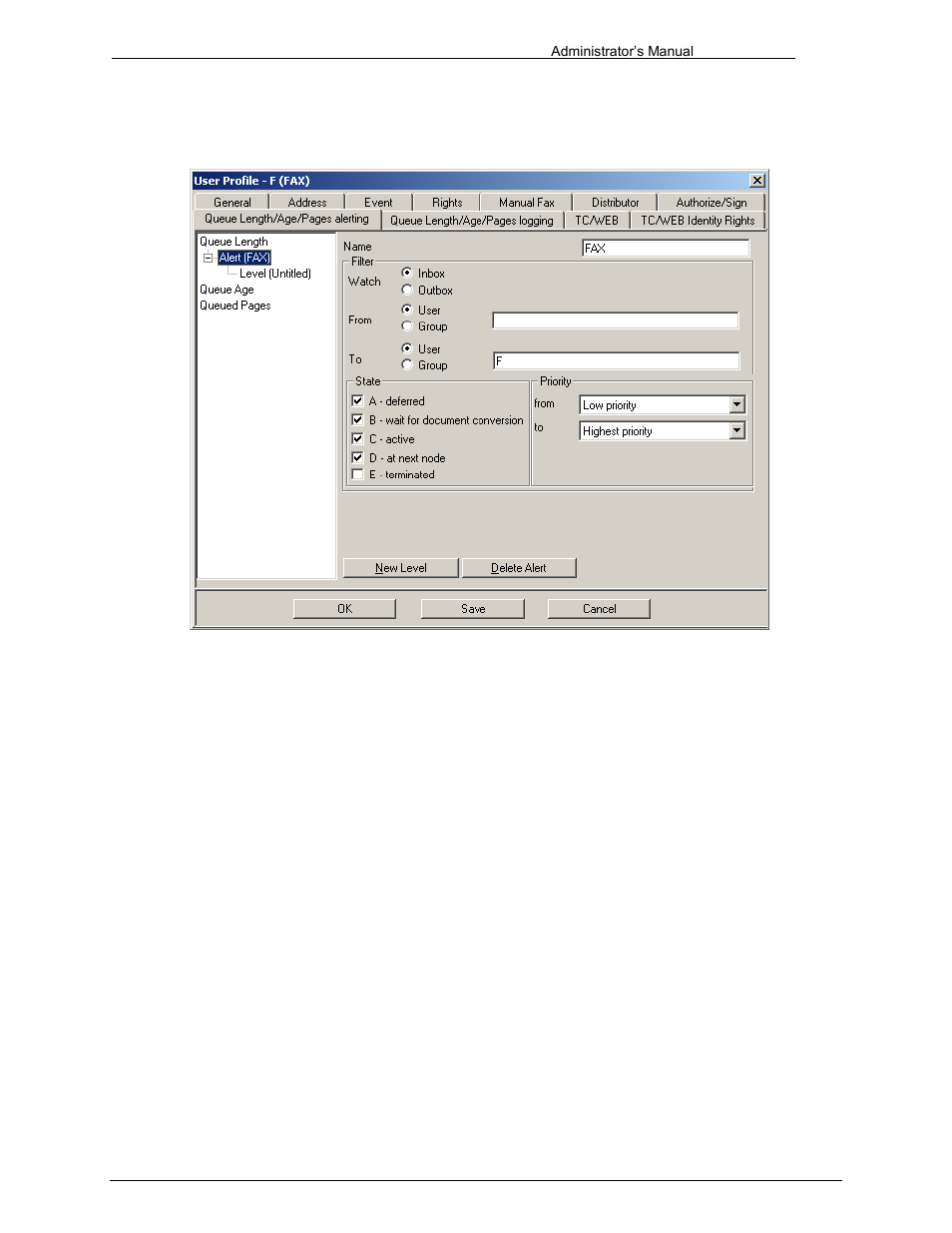 Alert properties, Name, Alert filter | Watch inbox / outbox, From user / group, To user / group | Kofax Communication Server 9.1 User Manual | Page 40 / 203