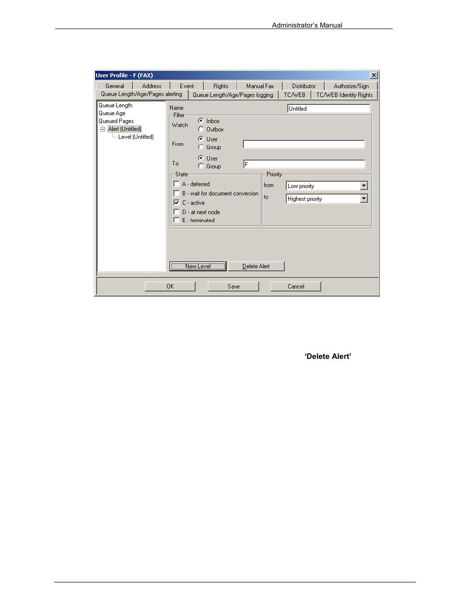 Alert levels, Deleting alerts | Kofax Communication Server 9.1 User Manual | Page 48 / 203