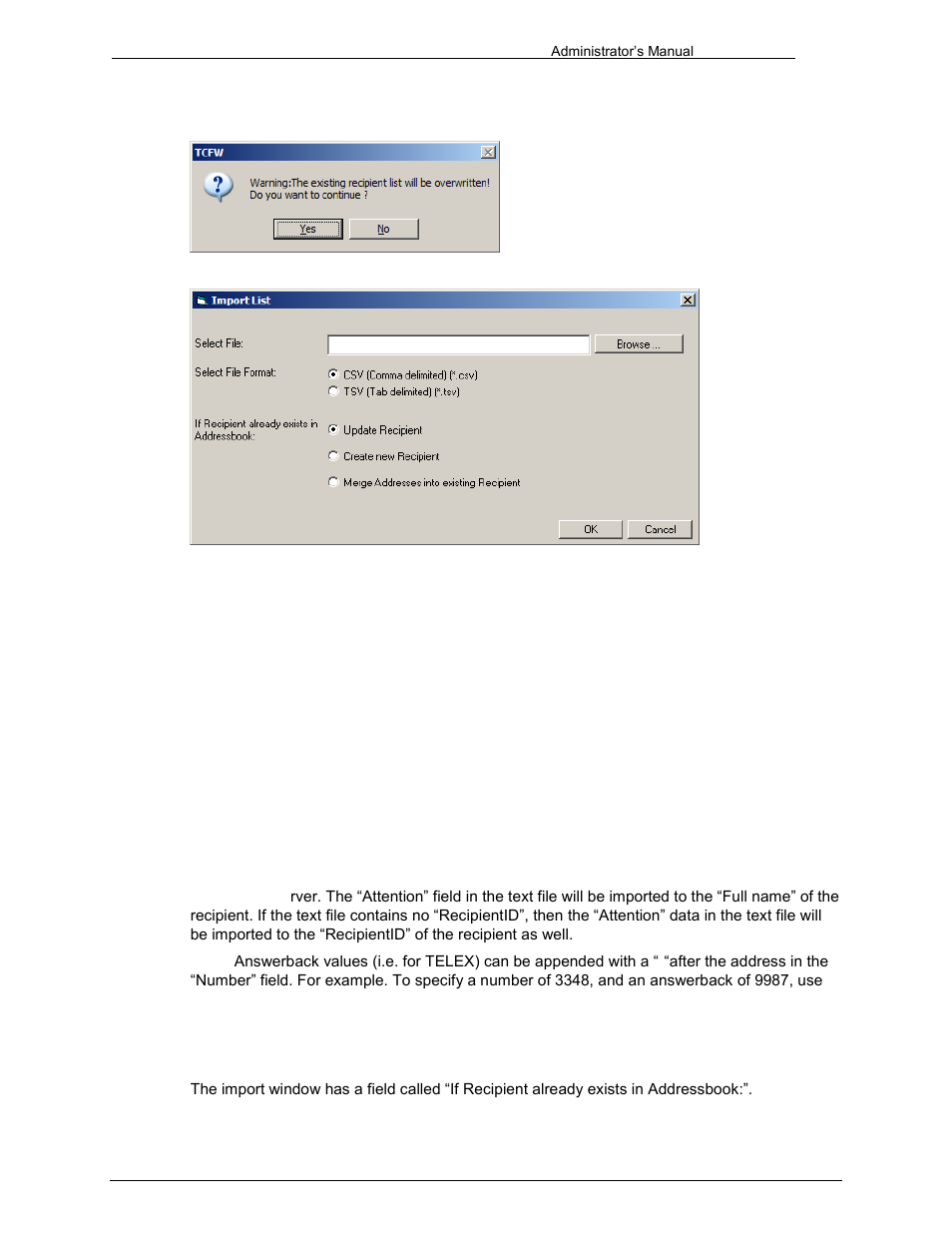 Text file format specifications, Handling existing recipients | Kofax Communication Server 9.1 User Manual | Page 71 / 203
