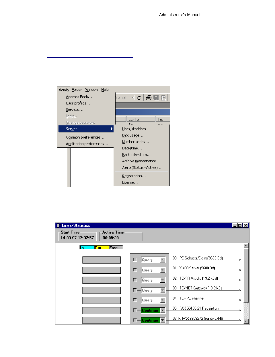 Server submenu, Lines / statistics | Kofax Communication Server 9.1 User Manual | Page 95 / 203