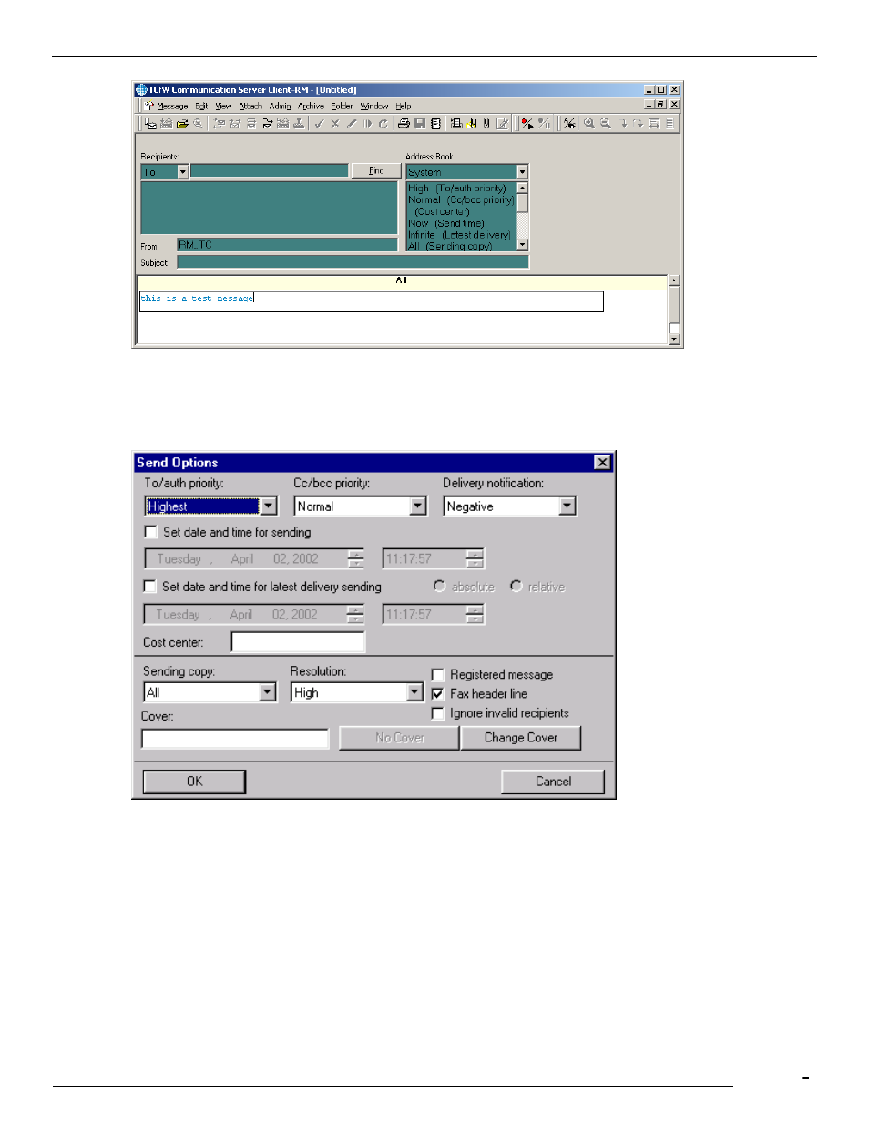 Send options window, Elements of the send options window | Kofax Communication Server 9.1 User Manual | Page 33 / 113