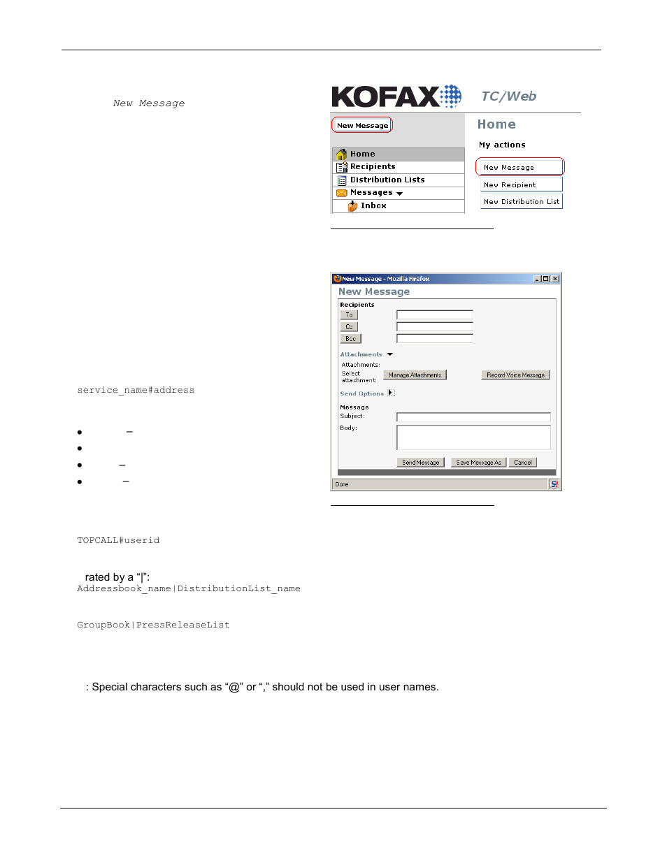 Sending a message, New message tool | Kofax Communication Server 9.1 User Manual | Page 26 / 85