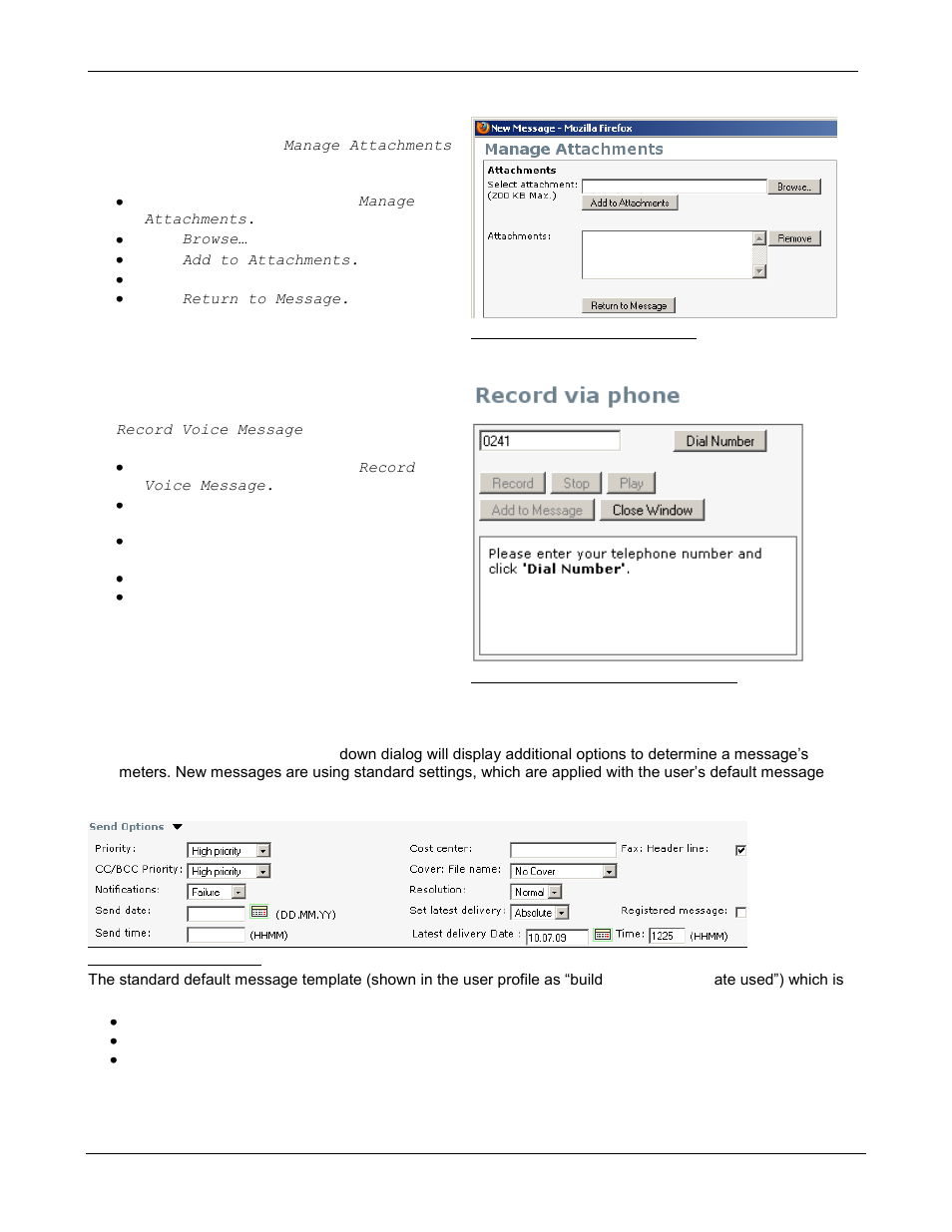 Manage attachments, Voice attachments, Send options | Option description | Kofax Communication Server 9.1 User Manual | Page 28 / 85