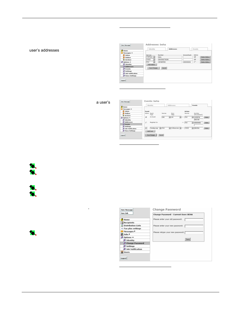 Addresses, Events, Change password | Possible error messages | Kofax Communication Server 9.1 User Manual | Page 42 / 85