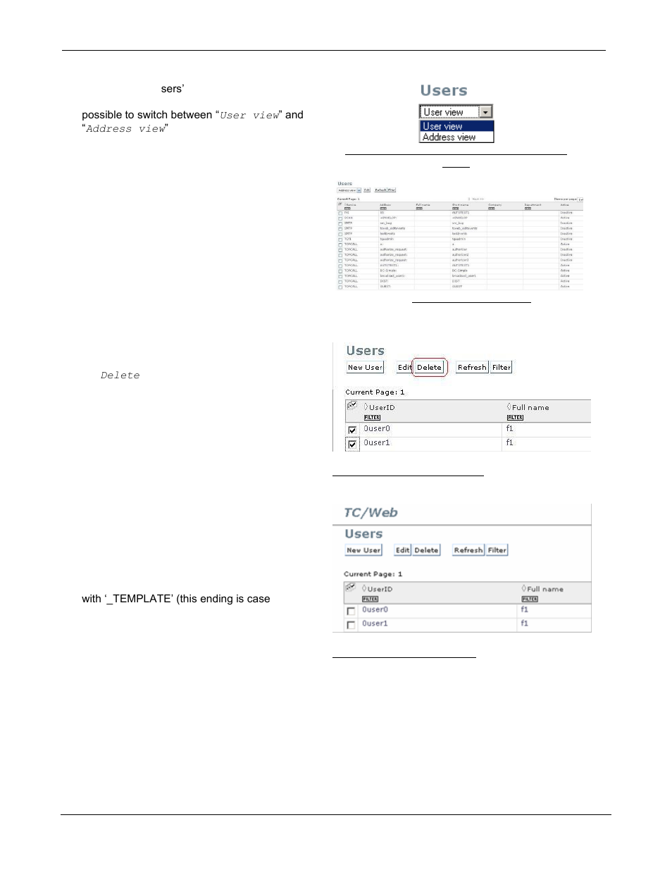 Address view, User deletion, New user creation | Kofax Communication Server 9.1 User Manual | Page 70 / 85