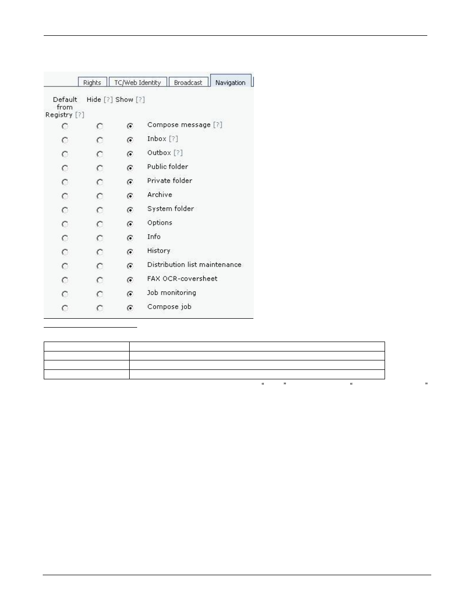 Navigation settings, Tc/web identity rights, Options | Kofax Communication Server 9.1 User Manual | Page 75 / 85