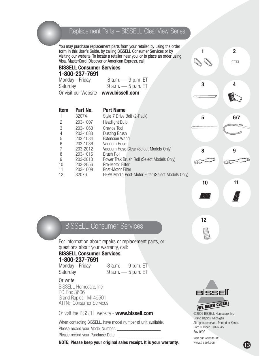 Bissell consumer services, Replacement parts – bissell cleanview series | Bissell 3590  EN User Manual | Page 13 / 16
