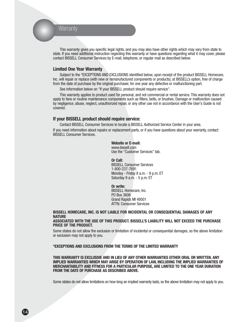 Warranty | Bissell 3590  EN User Manual | Page 14 / 16