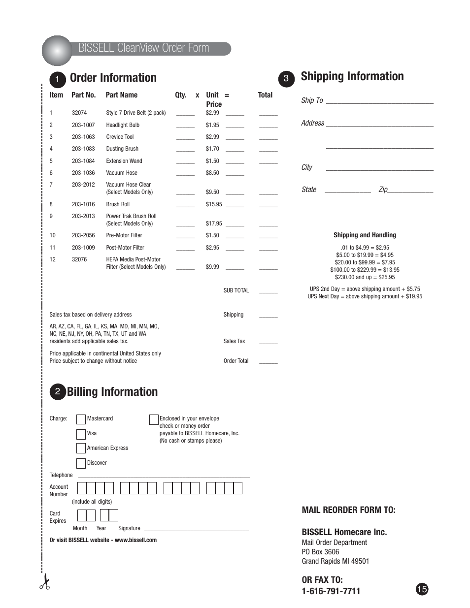 Bissell cleanview order form order information, Billing information, Shipping information | 3mail reorder form to: bissell homecare inc | Bissell 3590  EN User Manual | Page 15 / 16