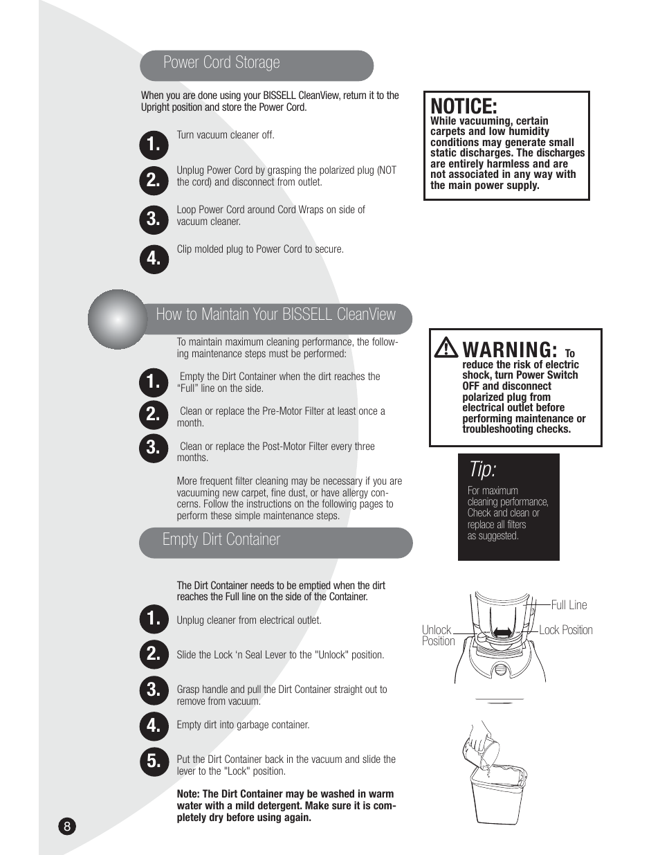 Warning, Notice, How to maintain your bissell cleanview | Power cord storage, Empty dirt container | Bissell 3590  EN User Manual | Page 8 / 16