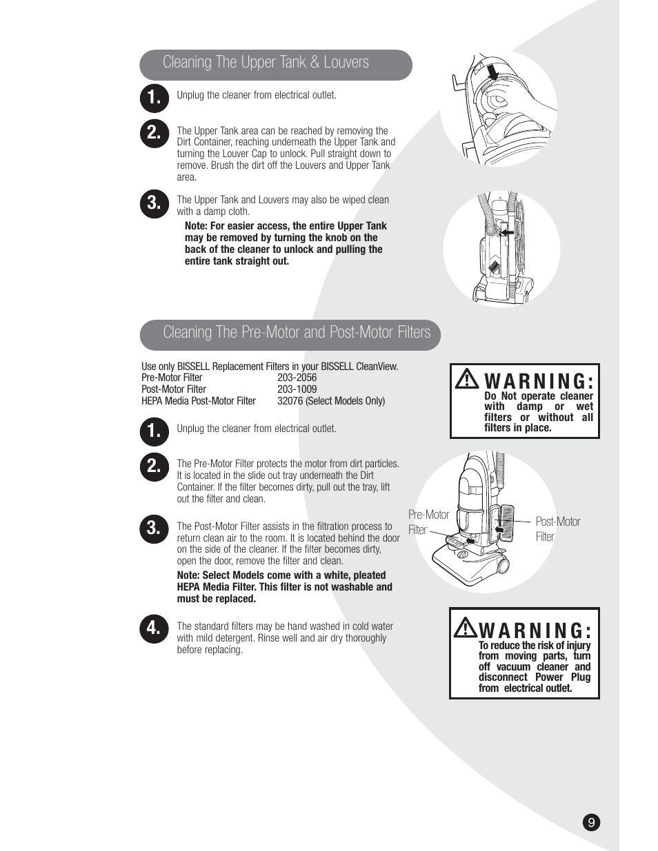 Cleaning the upper tank & louvers, Cleaning the pre-motor and post-motor filters | Bissell 3590  EN User Manual | Page 9 / 16