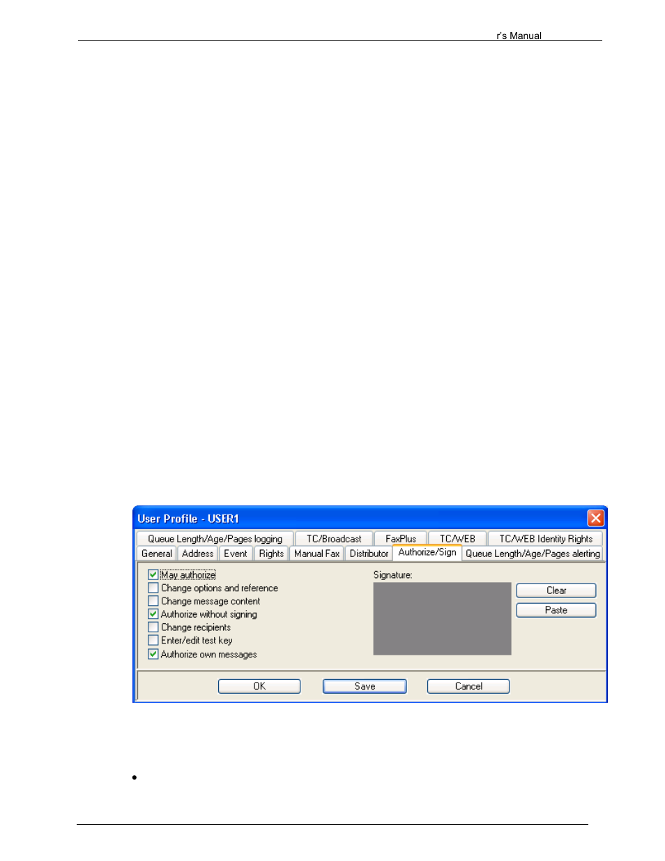 4 print enabled, 5 save as enabled, 6 terminate enabled | 7 split message, 8 change message content, 9 edit/view key system fields, 7 authorize / sign, 1 may authorize | Kofax Communication Server 9.1.1 User Manual | Page 36 / 204