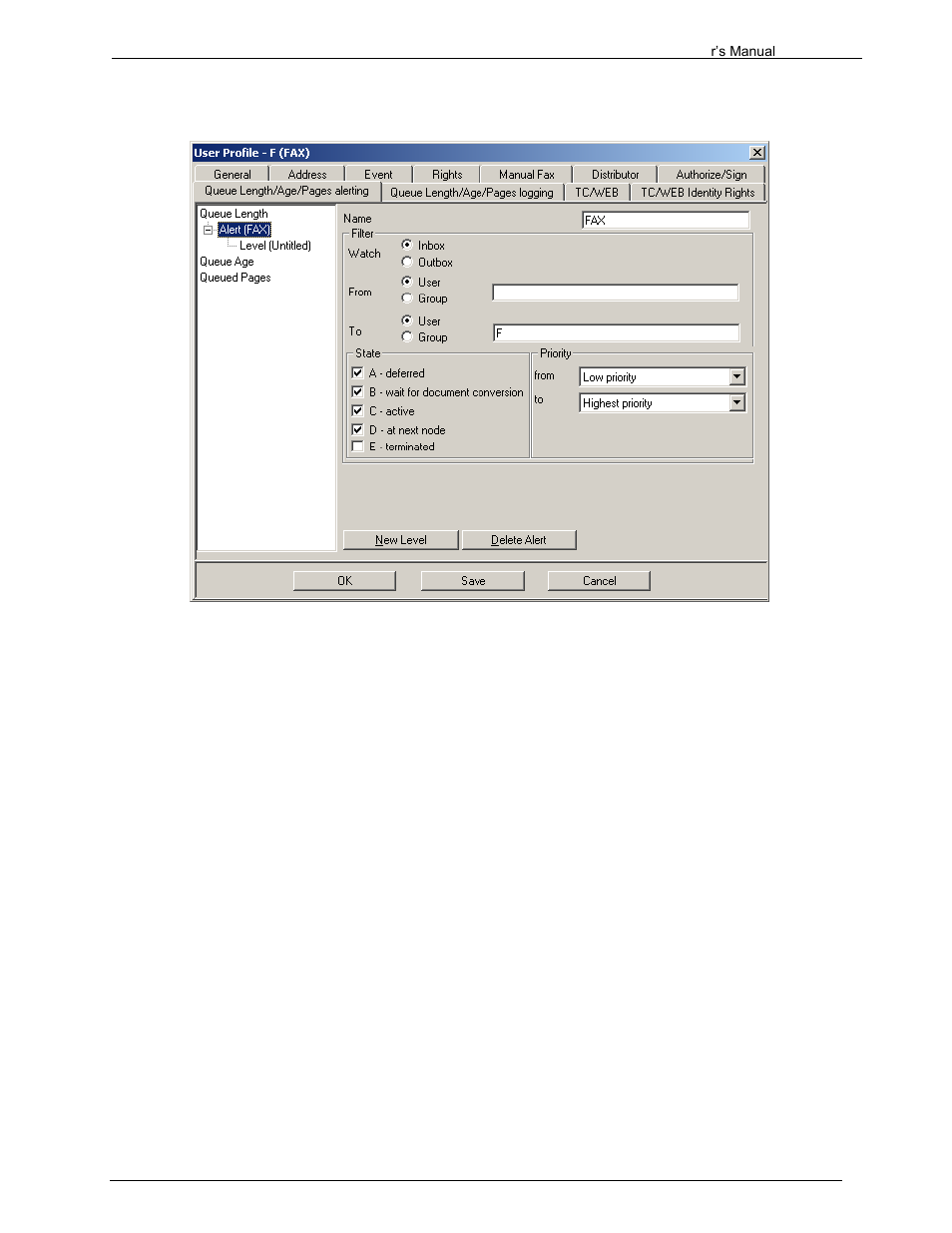 1 alert properties, 1 name, 2 alert filter | 1 watch inbox / outbox, 2 from user / group, 3 to user / group | Kofax Communication Server 9.1.1 User Manual | Page 41 / 204