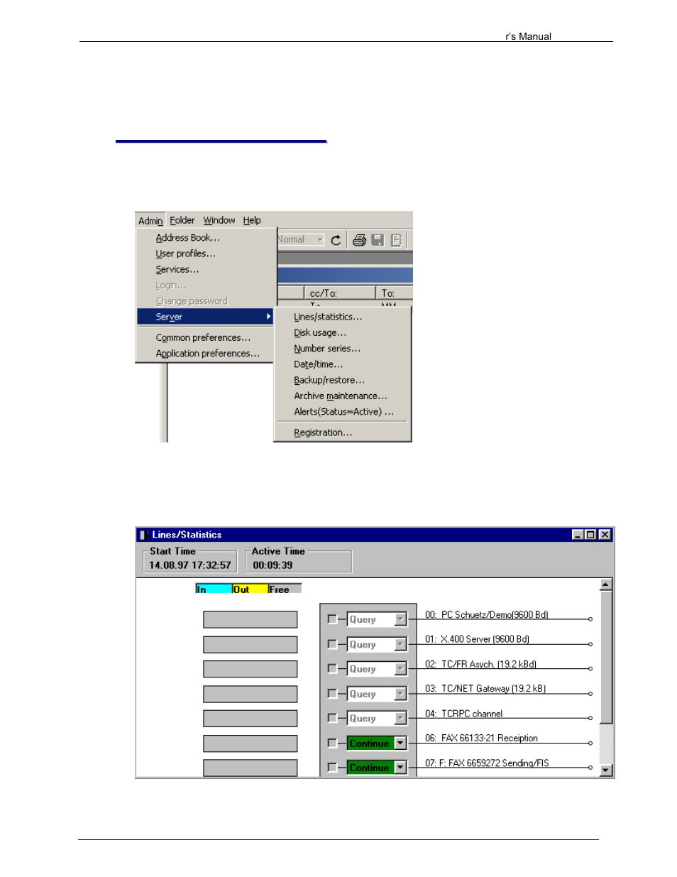 Server submenu, 1 lines / statistics | Kofax Communication Server 9.1.1 User Manual | Page 96 / 204